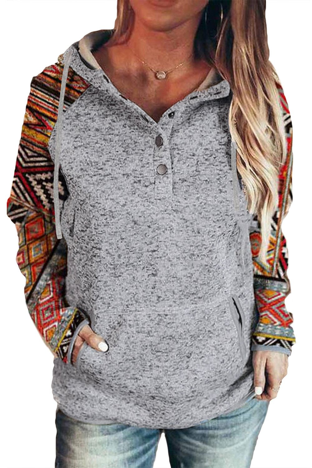 Tribal Print Long Sleeve Button Neckline Drawstring Hoodie