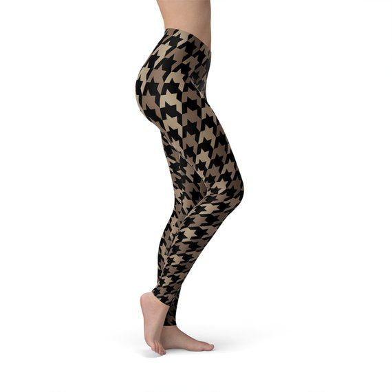 Womens Beige Brown Houndstooth Leggings